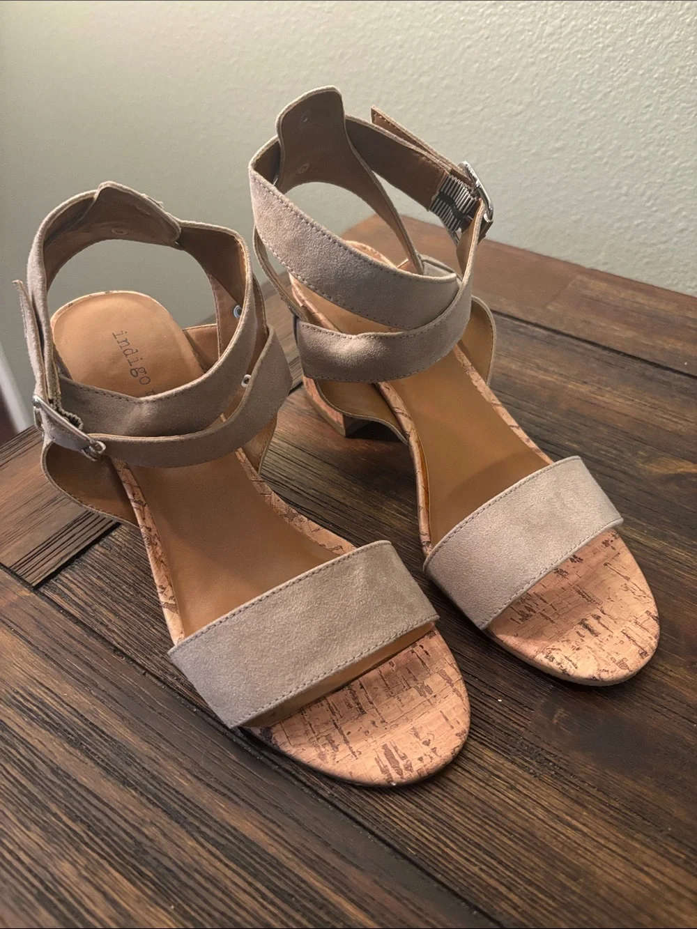 Indigo Rd. -Taupe Suede like Cork Block Heel Sandals
